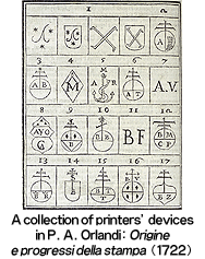 A collection of printers' devices in P. A. Orlandi: "Origine e progressi della stampa" (1722)