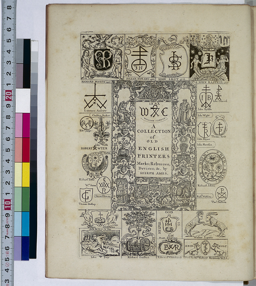 Ames: Typographical antiquities (1749) 中のプリンターズ・マークを集めた部分