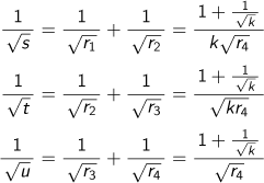 1/√s=1/√r1+1/√r2=(1+1/√k)/k√r4,1/√t=1/√r2+1/√r3=(1+1/√k)/√(kr4),1/√u=1/√r3+1/√r4=(1+1/√k)/√r4