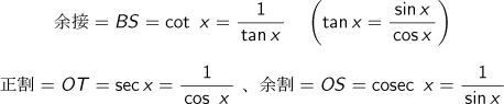 s余接=BS=cot x=1/tan x(tan x=sin x/cos x)、正割=OT=sec x=1/cos x、余割=OS=cosec x=1/sin x