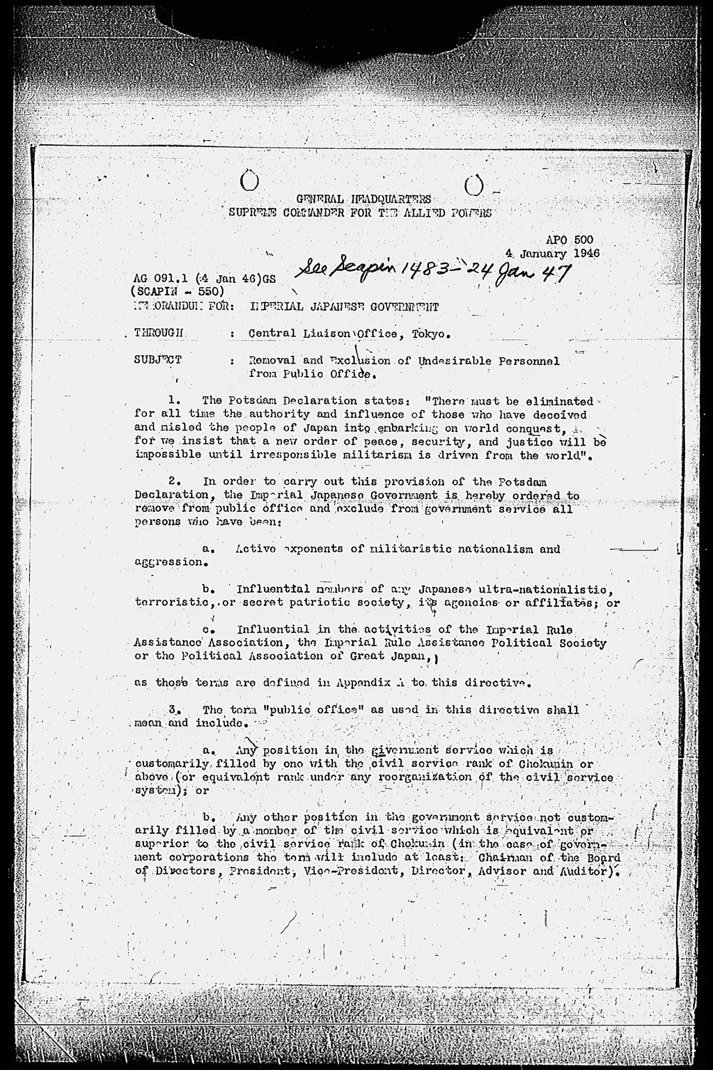 Memorandum for: Imperial Japanese Government. Through: Central Liaison Office, Tokyo. Subject: Removal and Exclusion of Undesirable Personnel from Public Office(larger)