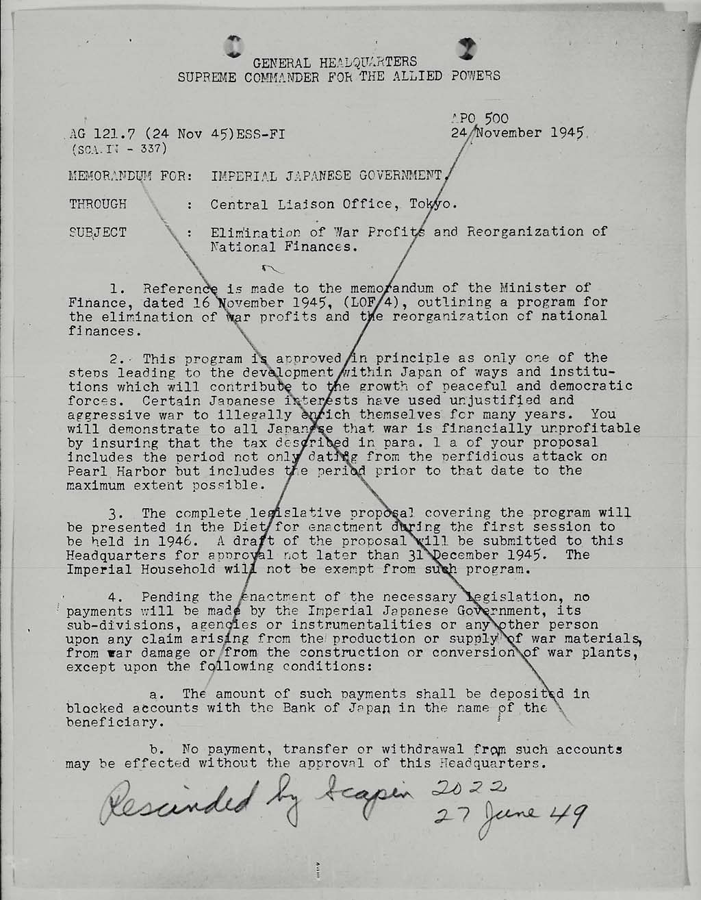 Memorandum for: Imperial Japanese Government. Through: Central Liaison Office, Tokyo. Subject: Elimination of War Profits and Reorganization of National Finance(larger)