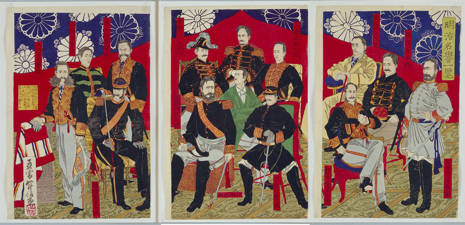 Nishiki-e (color woodblock prints) of Meiji dignitaries, depicted by YAMAZAKI Toshinobu, September 1877 (Meiji 10)(larger)