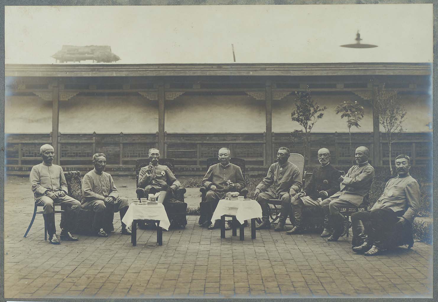 Two admirals and six generals surrounding YAMAGATA Aritomo, on his inspection tour to Mukden, Manchuria (fourth from left is OYAMA Iwao) (from L to R, KUROKI Tamemoto, Commander of 1st Army, NOZU Michitsura, Commander of 4th Army, YAMAGATA Aritomo, General Chief of Staff, OYAMA Iwao, OKU Yasukata, Commander of 2nd Army, NOGI Maresuke, Commander of 3rd Army, KODAMA Gentaro, Manchurian Army General Chief of Staff, KAWAMURA Kageaki , Yalu River Army Commander)26 July 1905(larger)