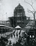 View of the hammering of tacks on the tower section of the Imperial Diet Building during the roof-raising ceremony From(Teikoku Gikai Gijido Kenchiku no Gaiyo)