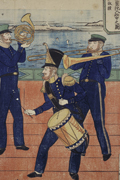 艦上で楽器を演奏するオランダ士官を描く長崎版画「阿蘭陀人舩中之図」（1コマ目）