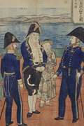 艦上で楽器を演奏するオランダ士官を描く長崎版画「阿蘭陀人舩中之図」（2コマ目）