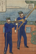 艦上で楽器を演奏するオランダ士官を描く長崎版画「阿蘭陀人舩中之図」（3コマ目）